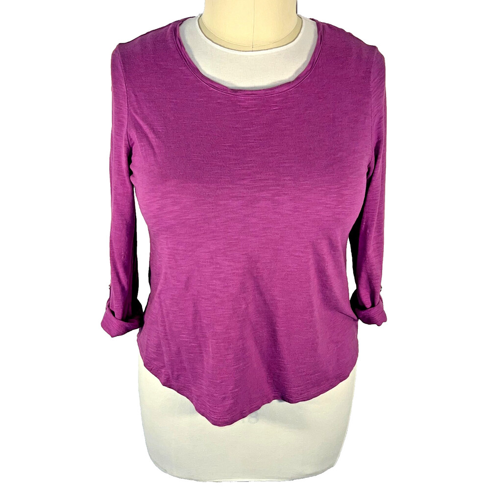 Chico's Tee Shirt Women's L Purple Boat Neck Roll Tab Long Sleeve